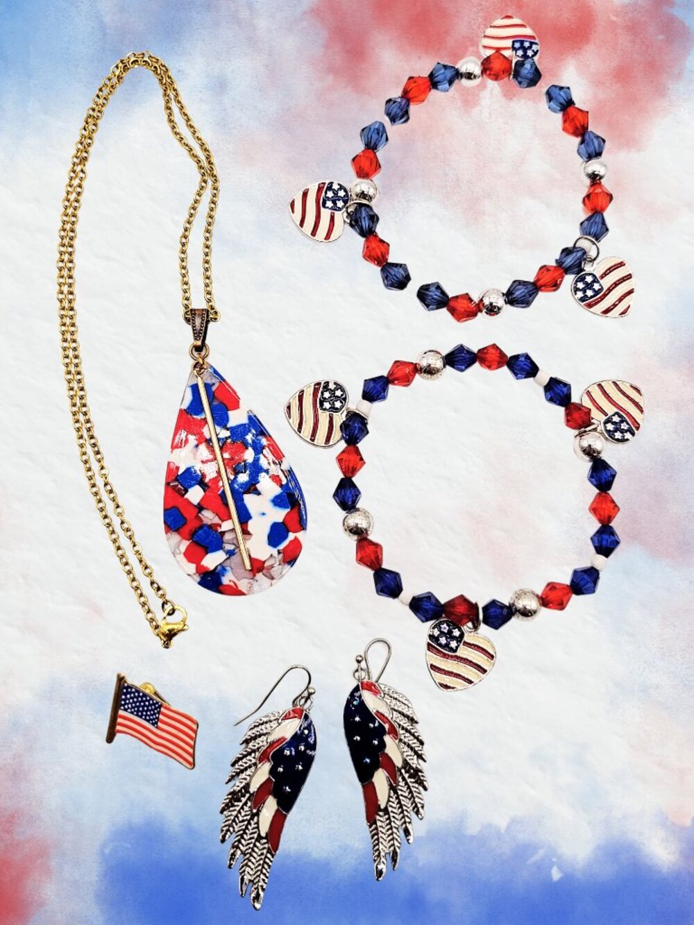 Patriotic Jewelry Lot Necklace Bracelets Earrings Flag Pin Red White Blue USA